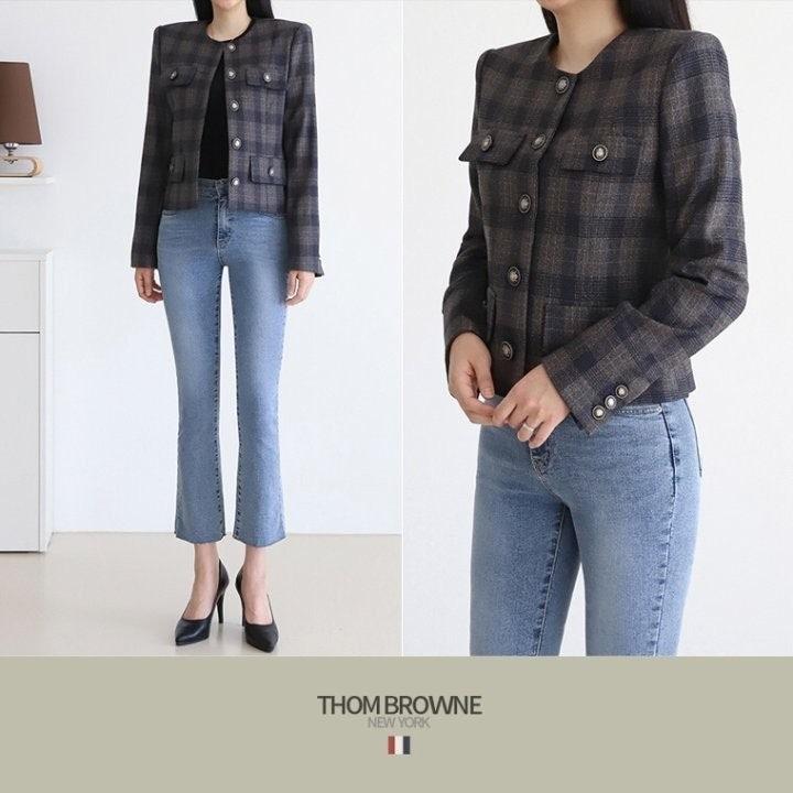 톰브라운 24FW WOOL CHECK ROUND CROP BLAZER (국내배송)