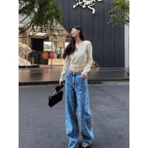 샤넬 여성 엠브로이드 CC 프린트 와이드 데님 팬츠 (국내배송)