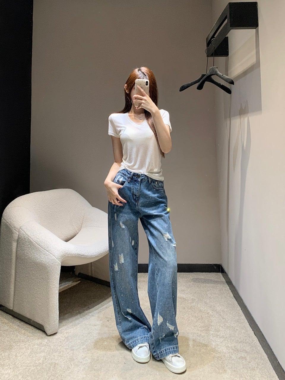 로에베25Ss 신상품 봄 여름 라인스톤 리핑 스트레이트 진 (해외배송)