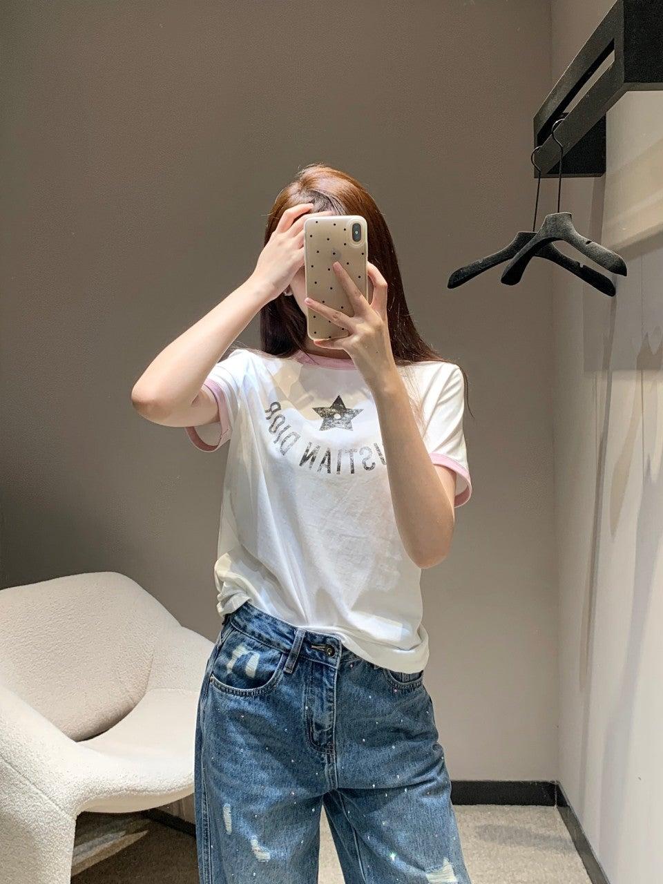 디올 오각별 문자 프린트 라운드넥 반팔 티셔츠 (해외배송)