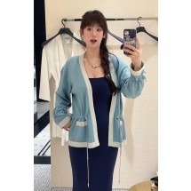 샤넬 라지 V넥 컬러블로킹 드로스트링 니트 가디건 (해외배송)