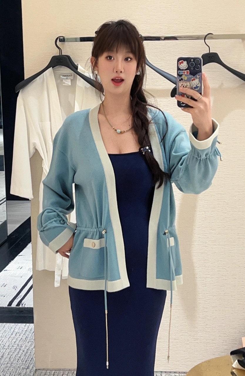 샤넬 라지 V넥 컬러블로킹 드로스트링 니트 가디건 (해외배송)