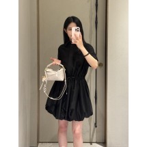 로에베 드로스트링 허리 코튼 플라워 버드 반팔 원피스