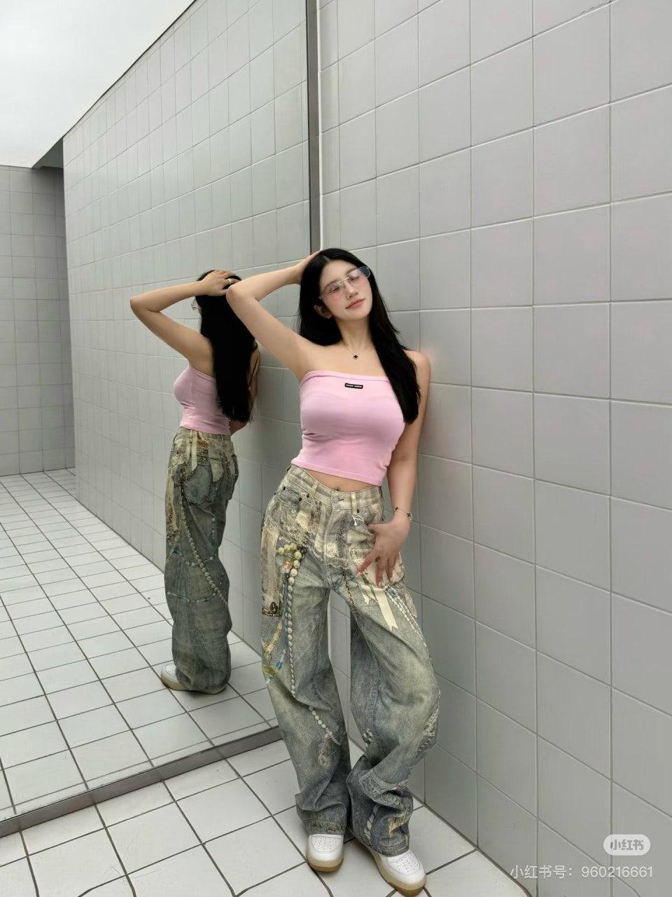 아크네스튜디오 25FW 레이스 펄 체인 3D 디지털 프린트 데님 와이드 레그 스키미터 팬츠 (정품급 해외배송)